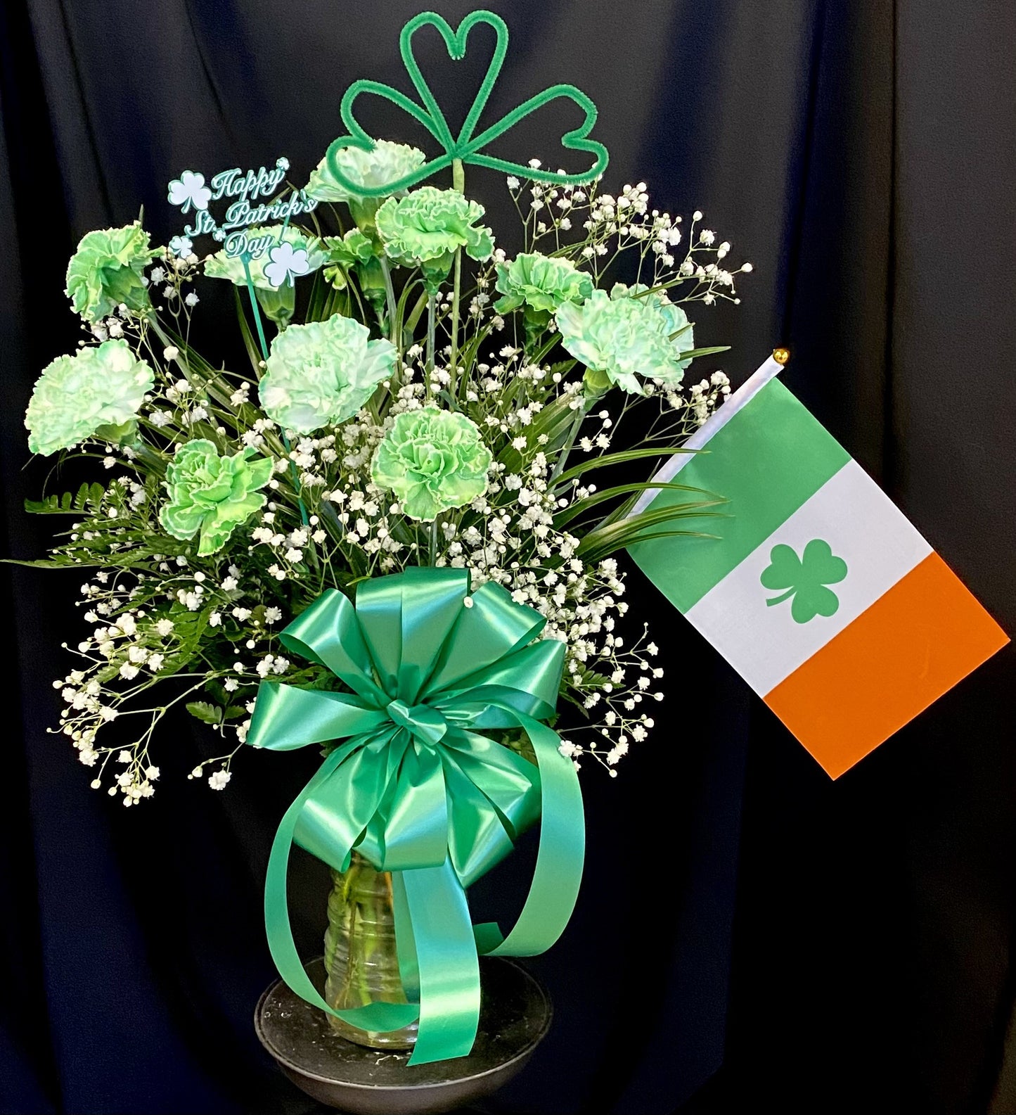 One Dozen Green Carnations with Flag