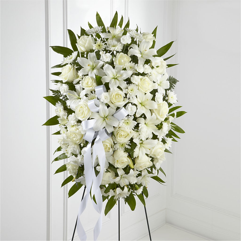 Exquisite Tribute Standing Spray-White Ribbon – Evans-king Floral, Forty Fort PA